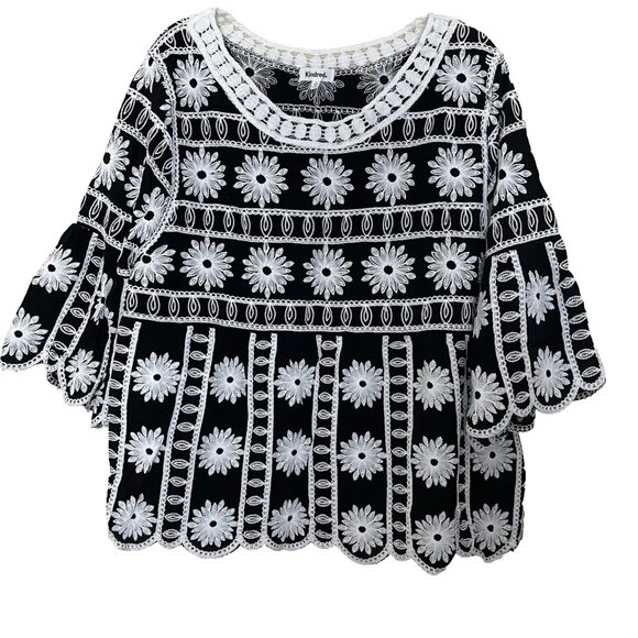 Kindred Black White Embroidered Blouse Top XL Cottagecore Boho Bell Sleeve - Picture 2 of 10